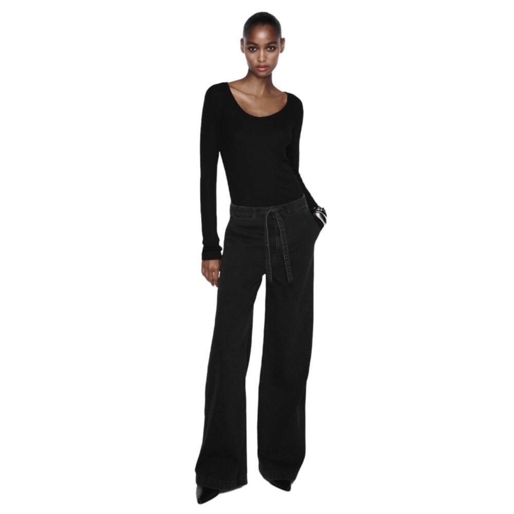 Zara Wide Leg Jeans Women’s Large‎ Black Denim High Rise